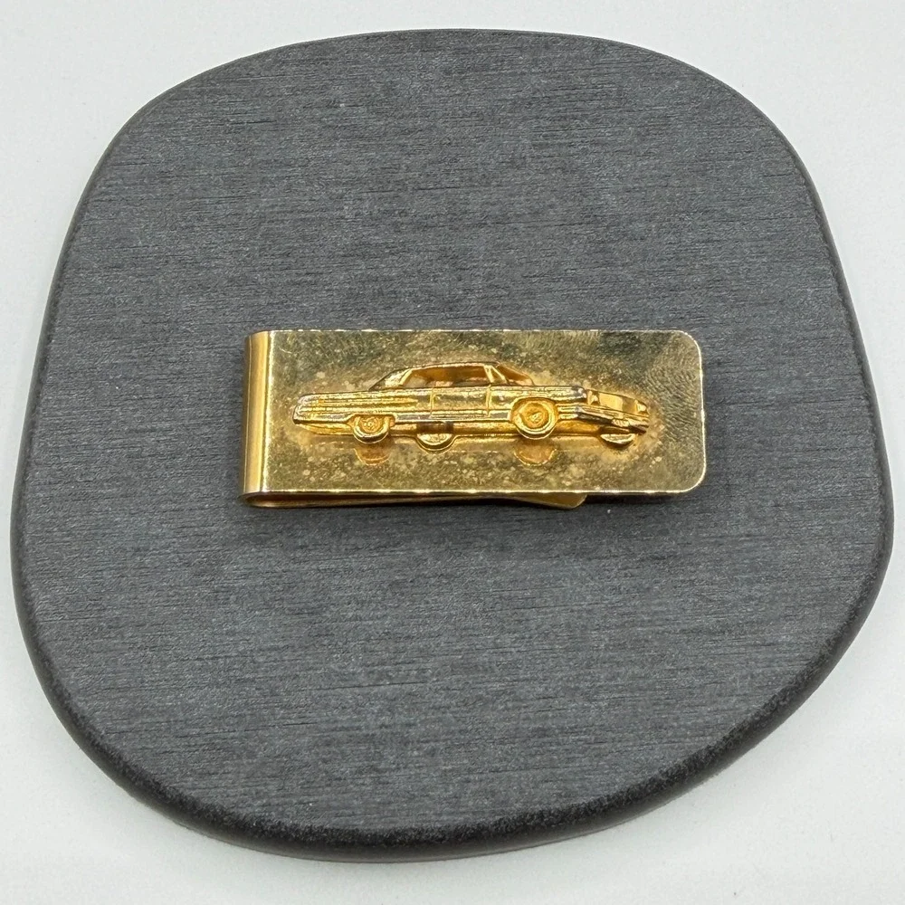 Gold Tone Classic Car Money Clip Raised Automobile Motif Collectible Mens Gift